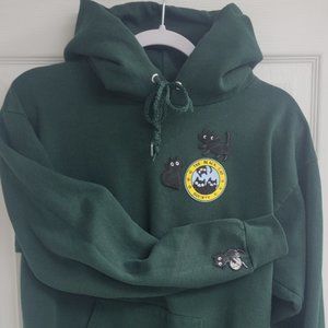 Dark green adult medium hoodie with cat iron on patches